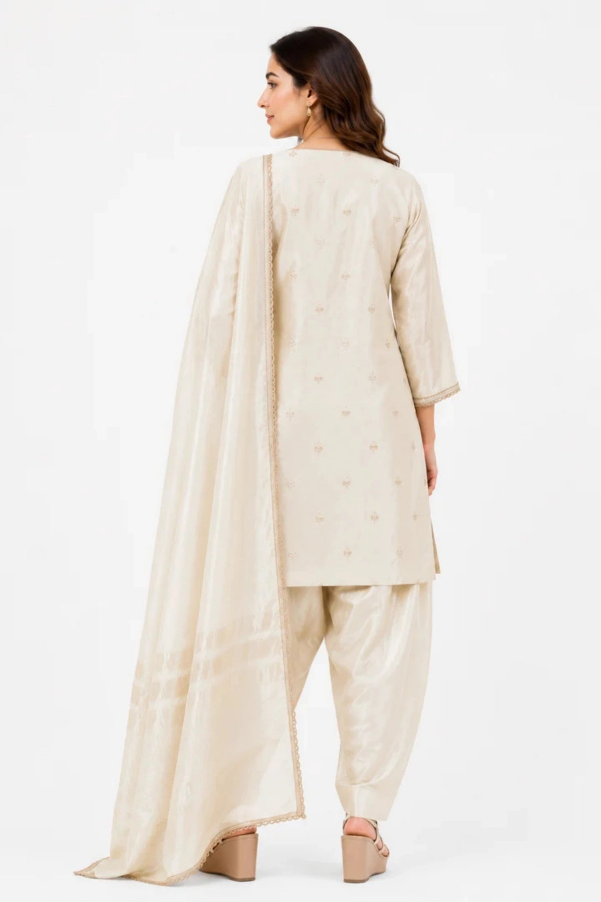Ivory Embroidered Silk Blend Suit Set with Dupatta for Women | Festive & Wedding Wear