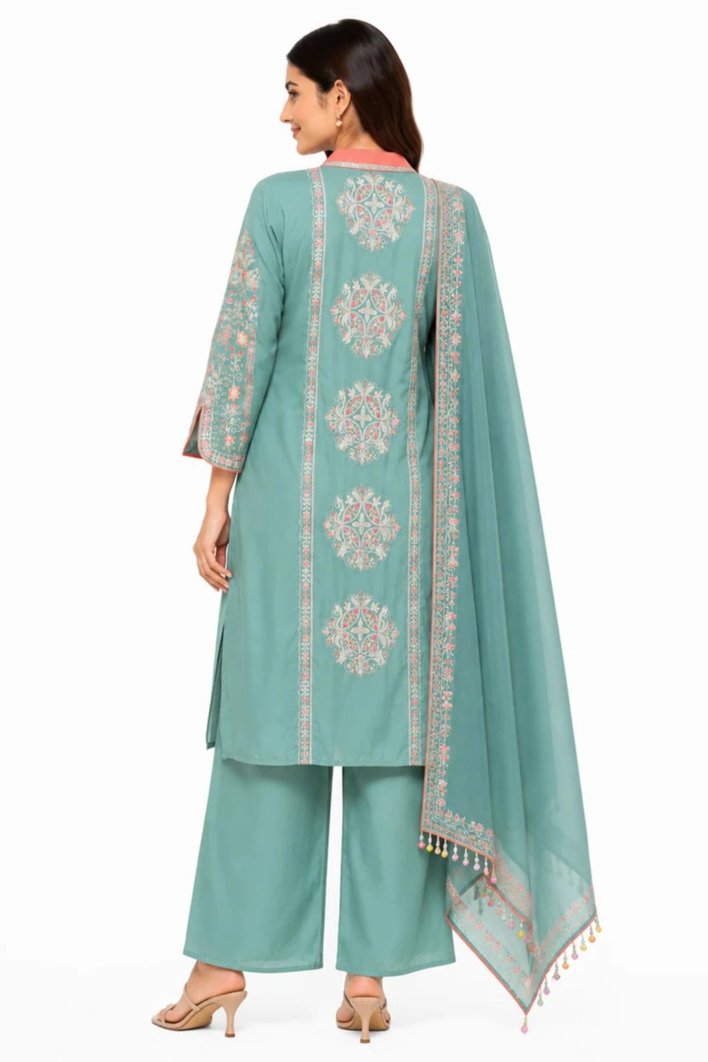 Women's Sea Green Embroidered Kurta Palazzo Set