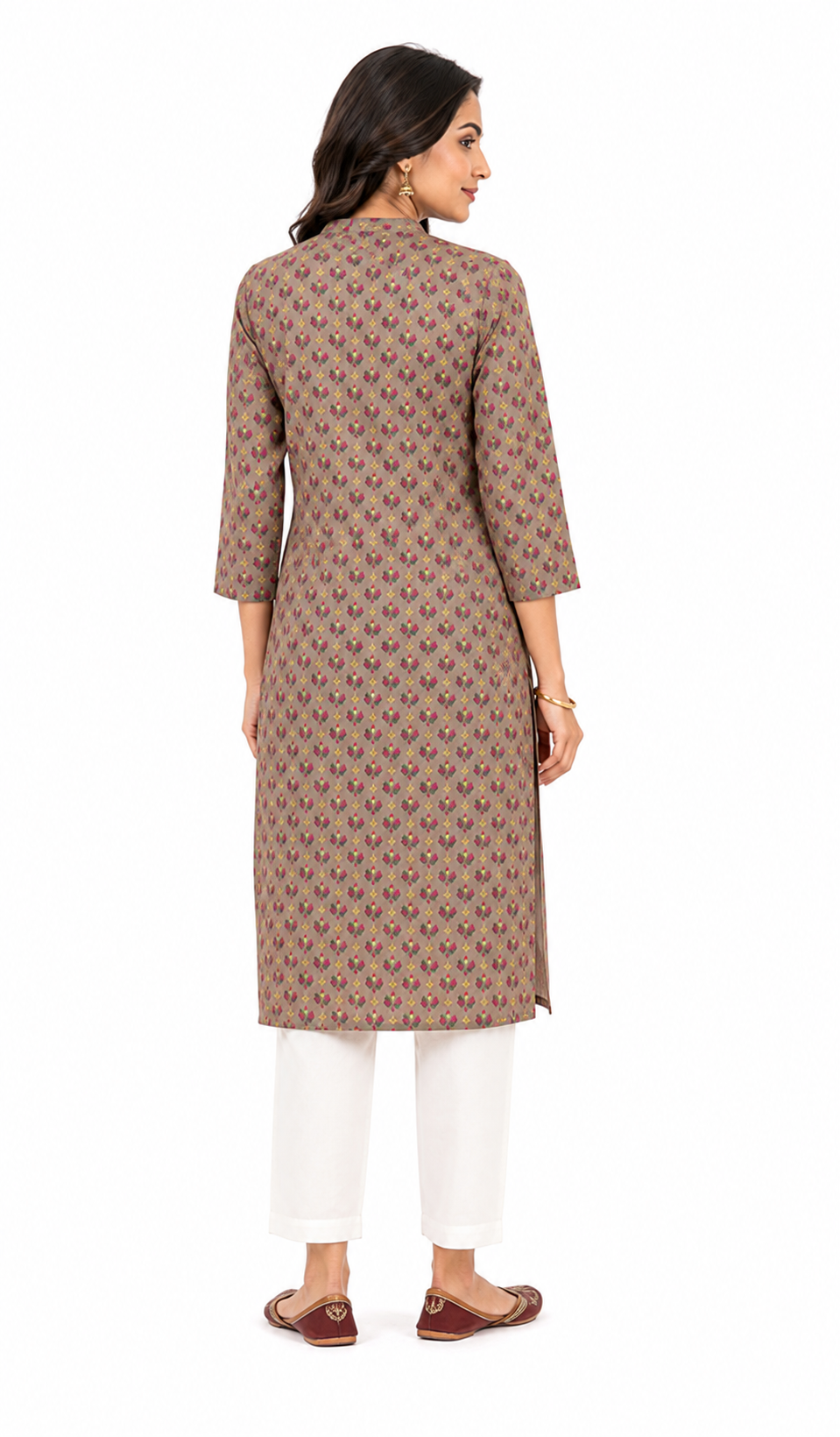 Printed Cotton Blend Straight Kurti – Taupe