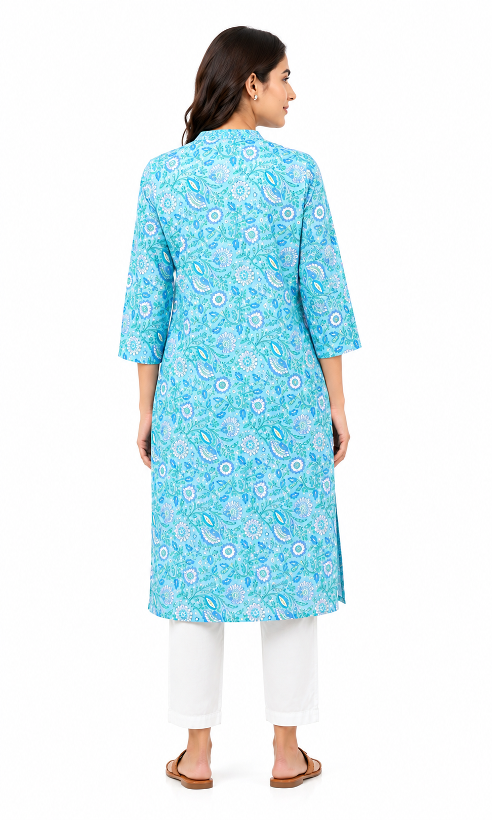 Turquoise Floral Printed Straight Kurti
