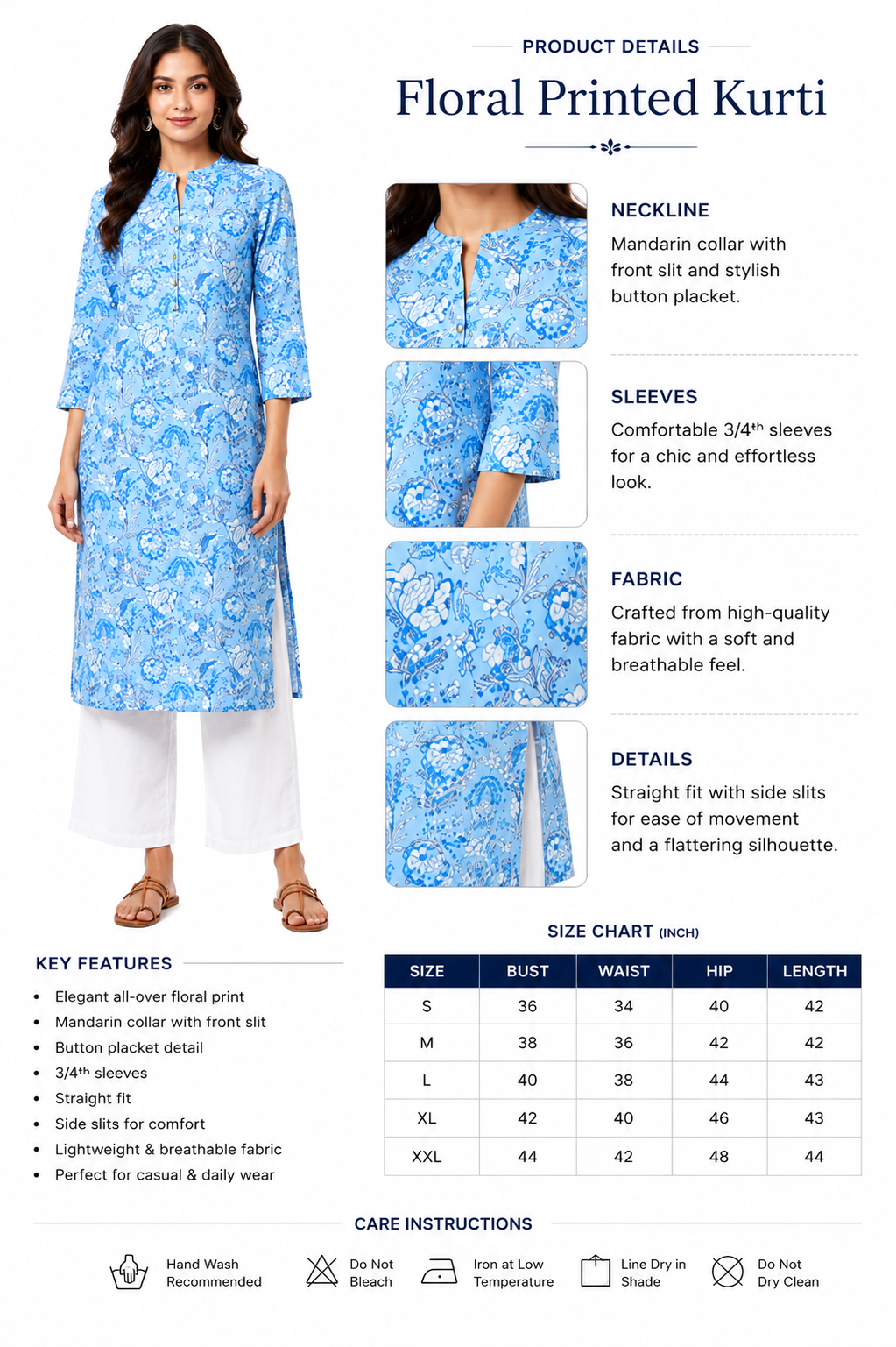 Blue Floral Printed Kurti for Women | Straight Fit 3/4 Sleeve Ethnic Kurta