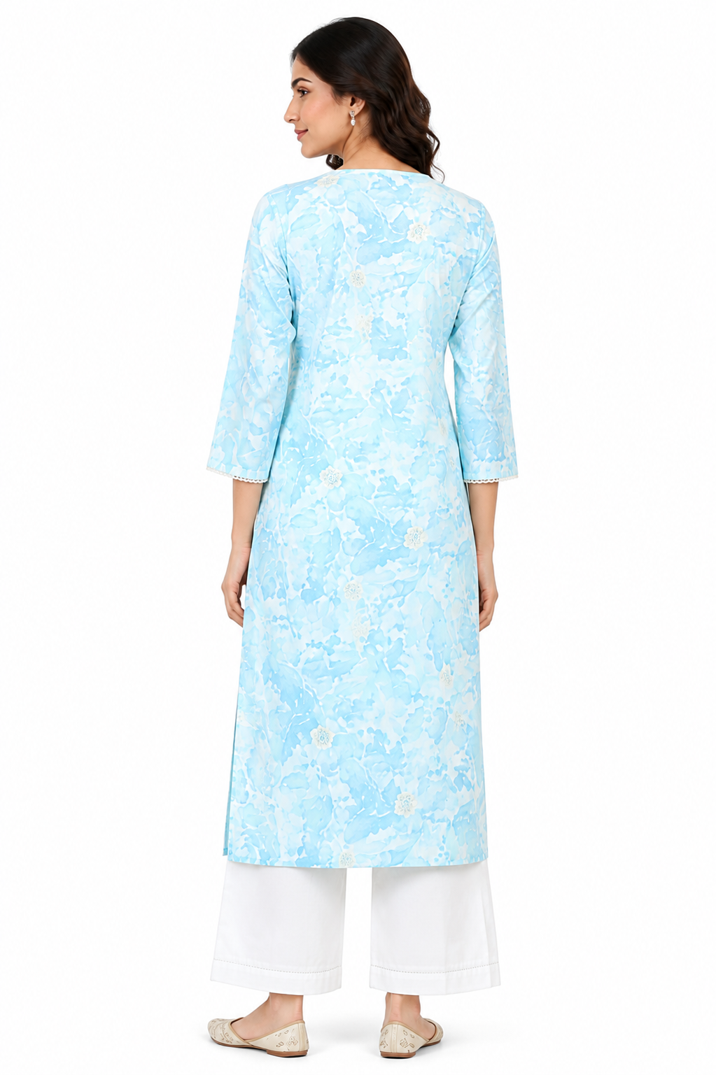 Pastel Blue Cotton Printed Embroidered Kurti