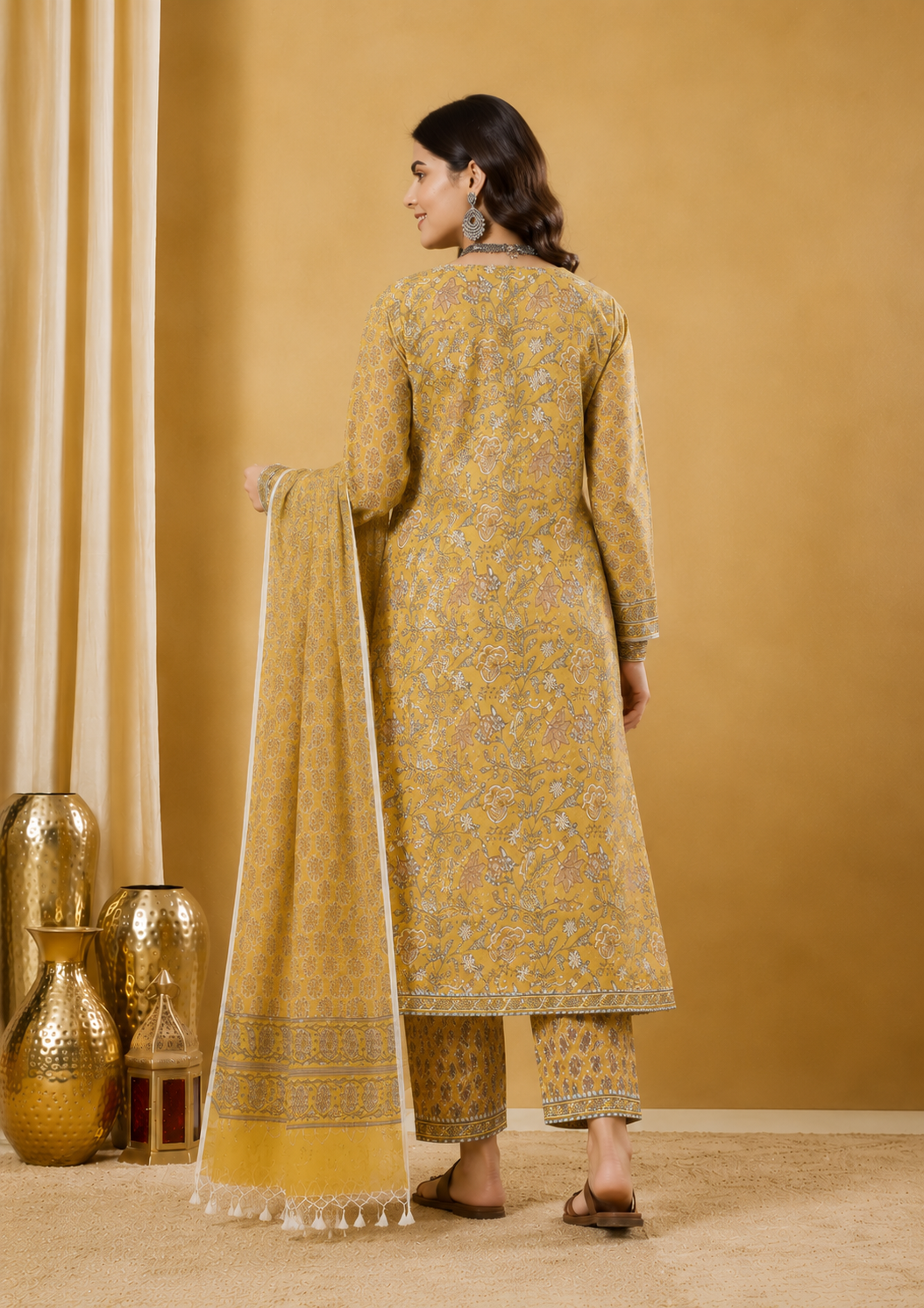Mustard Blossom Hand Block Print Pure Cotton Kurta Set