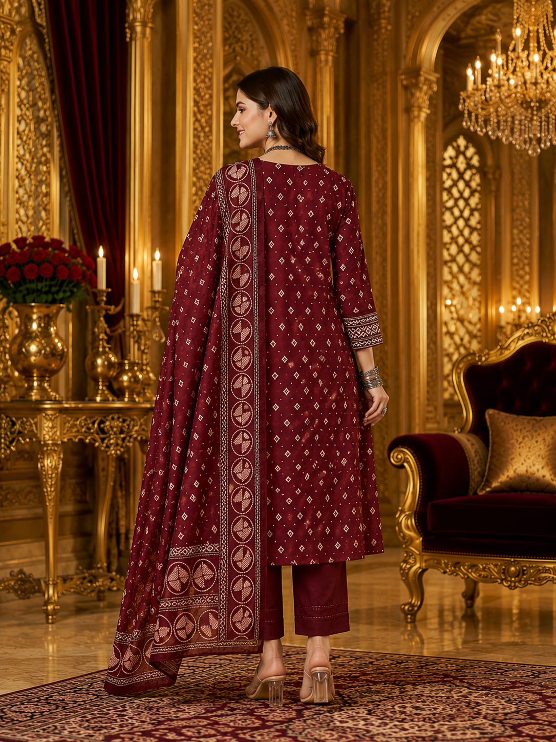 Royal Burgundy Pure Cotton Ethnic Printed Kurta Set with Dupatta for Women