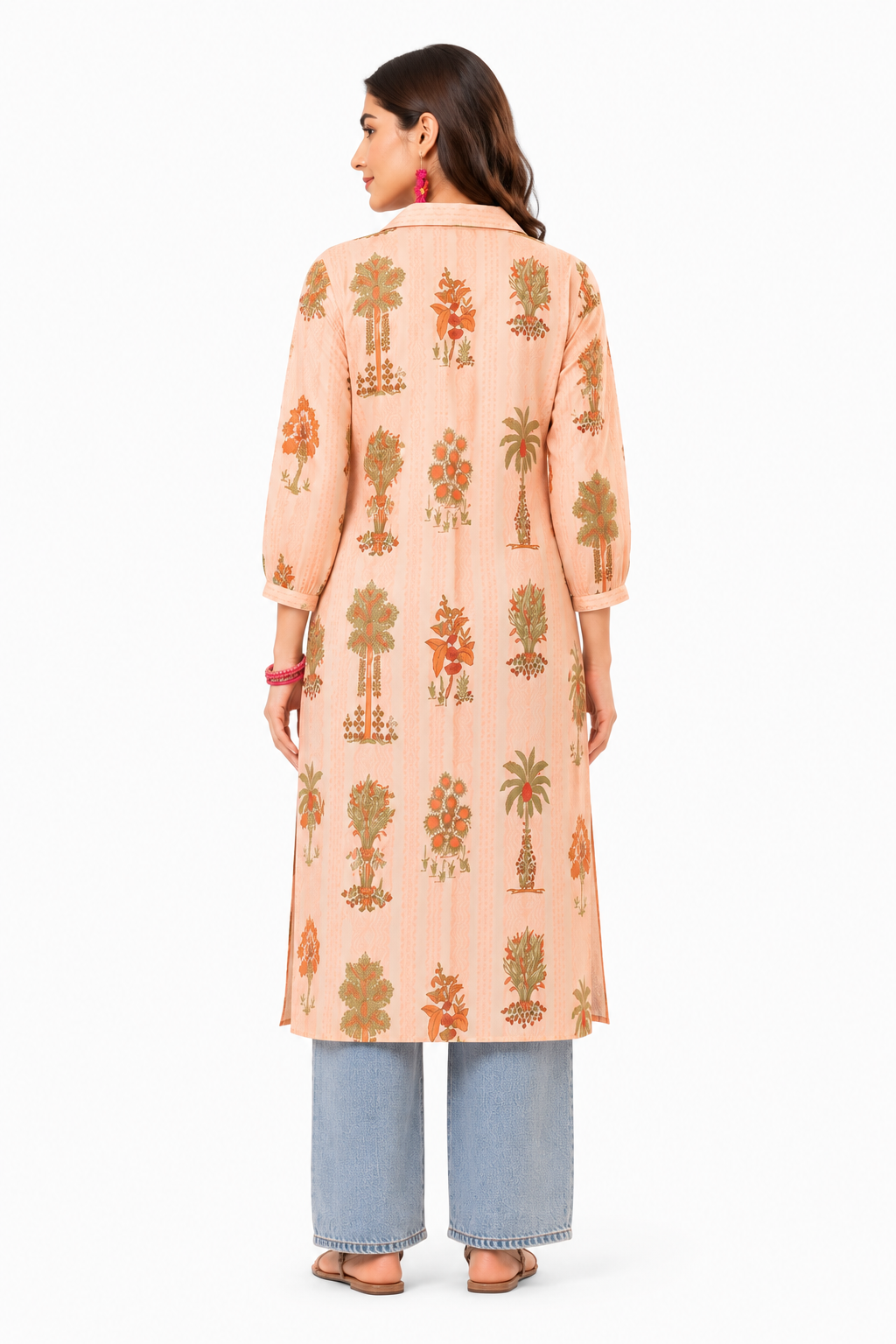Peach Botanical Printed Cotton Kurta for Women | Casual & Office Wear Long Kurta