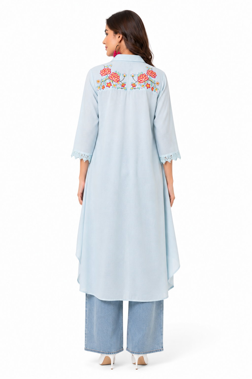 Women's Powder Blue Embroidered High-Low Kurta