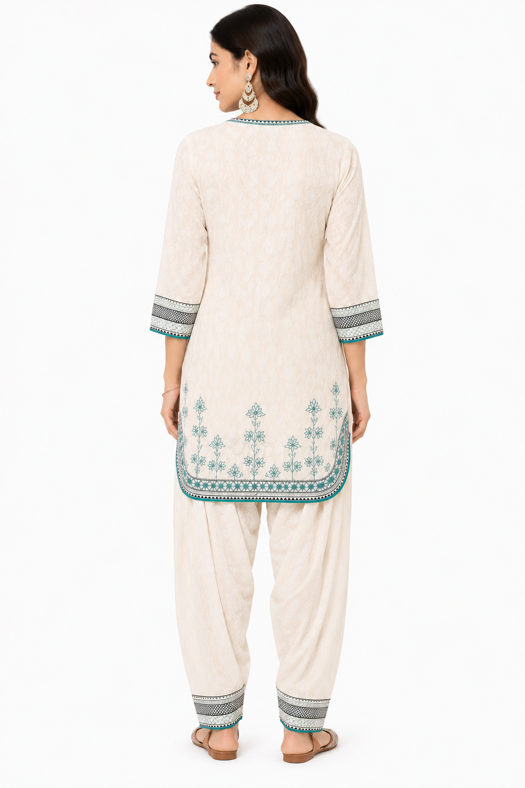Ivory White Teal Embroidered Cotton Co-Ord Set for Women | Premium Cotton Kurta with Patiala