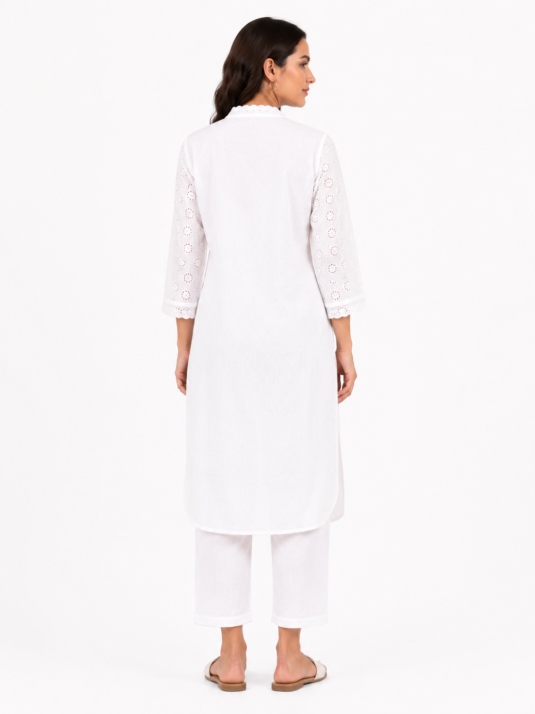 Women's Off White Eyelet Embroidered Cotton Co-Ord Set with Straight Pants