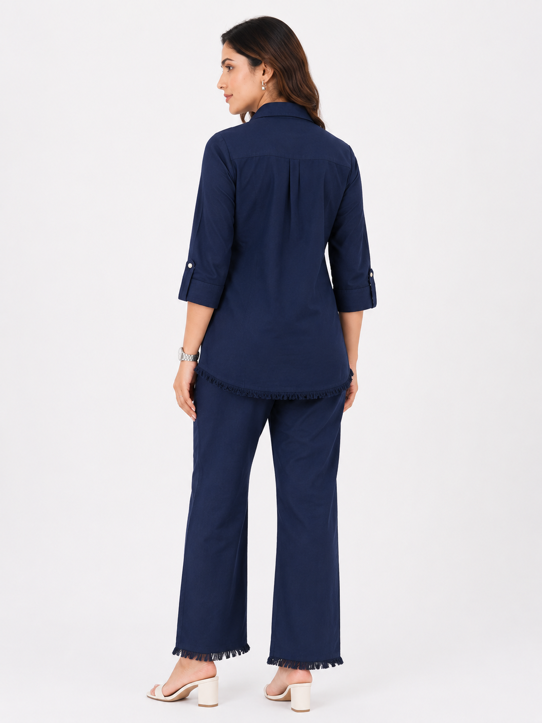 Women's Navy Blue Embroidered Cotton Co-Ord Set with Straight Pants