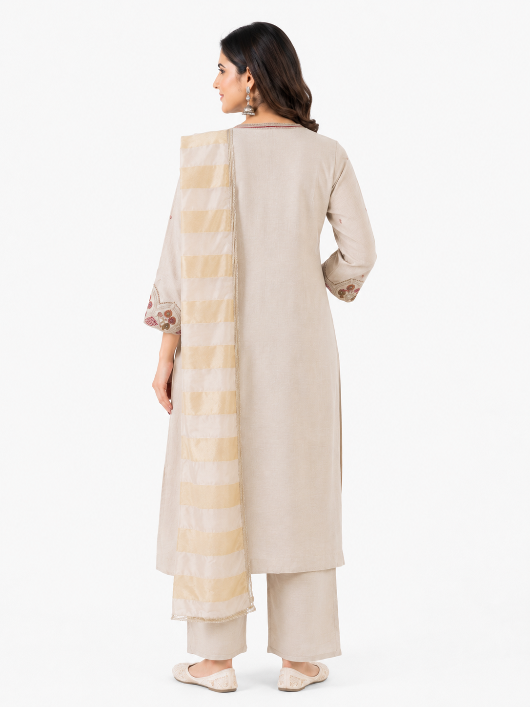 Women's Beige Embroidered Kurta Pant Set with Organza Dupatta