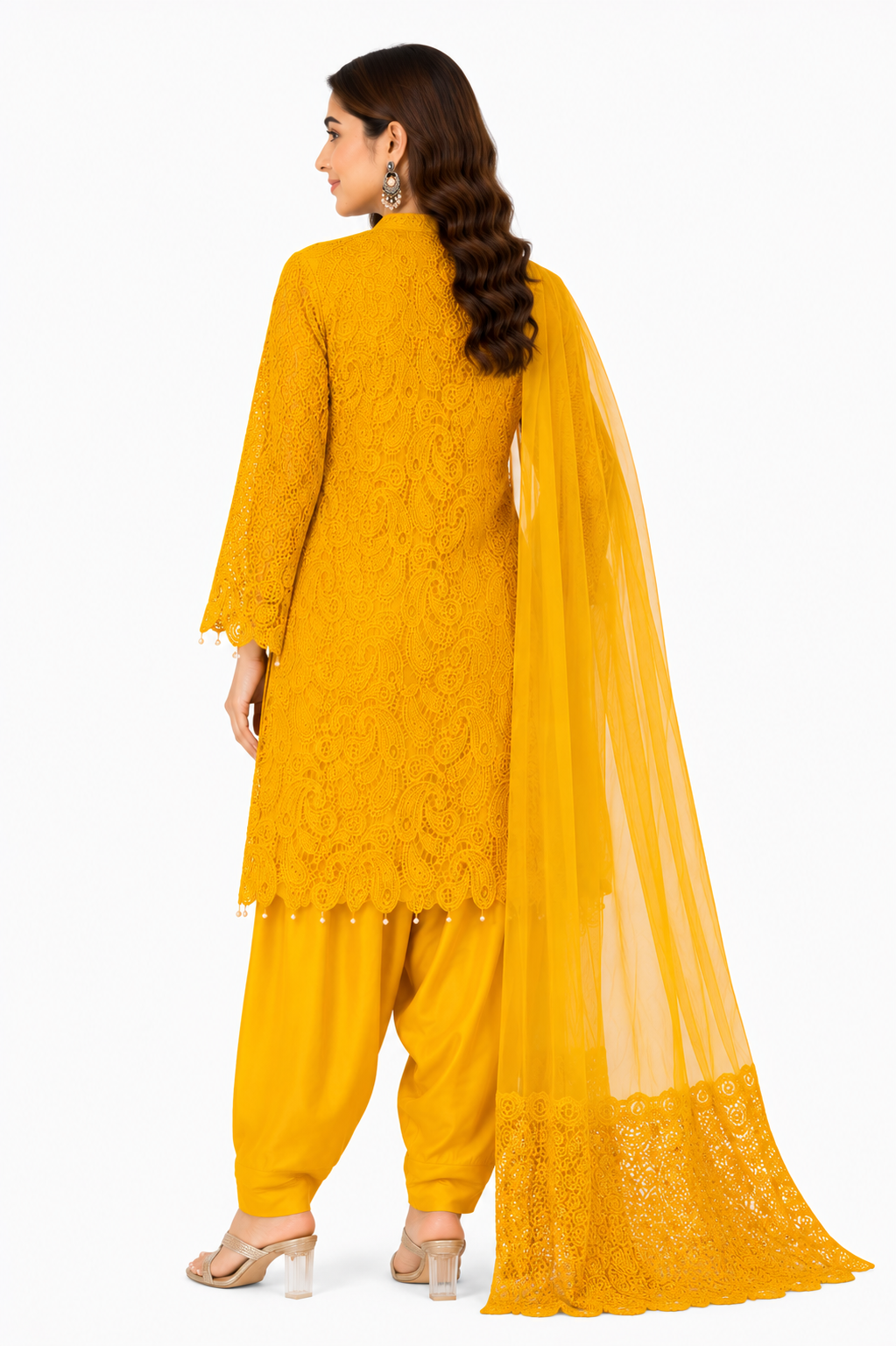 Women's Mustard Yellow Lace Kurta Set with Dupatta