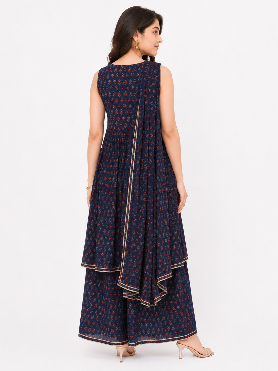 Navy Blue Embroidered Printed Peplum Kurta Sharara Set with Dupatta