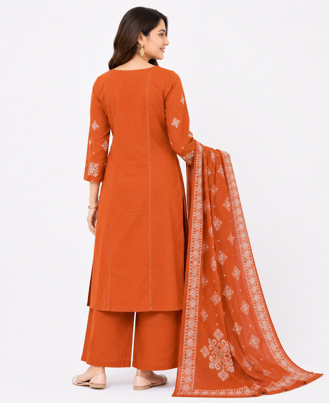 Rust Orange Embroidered Kurta Palazzo Set with Printed Dupatta for Women
