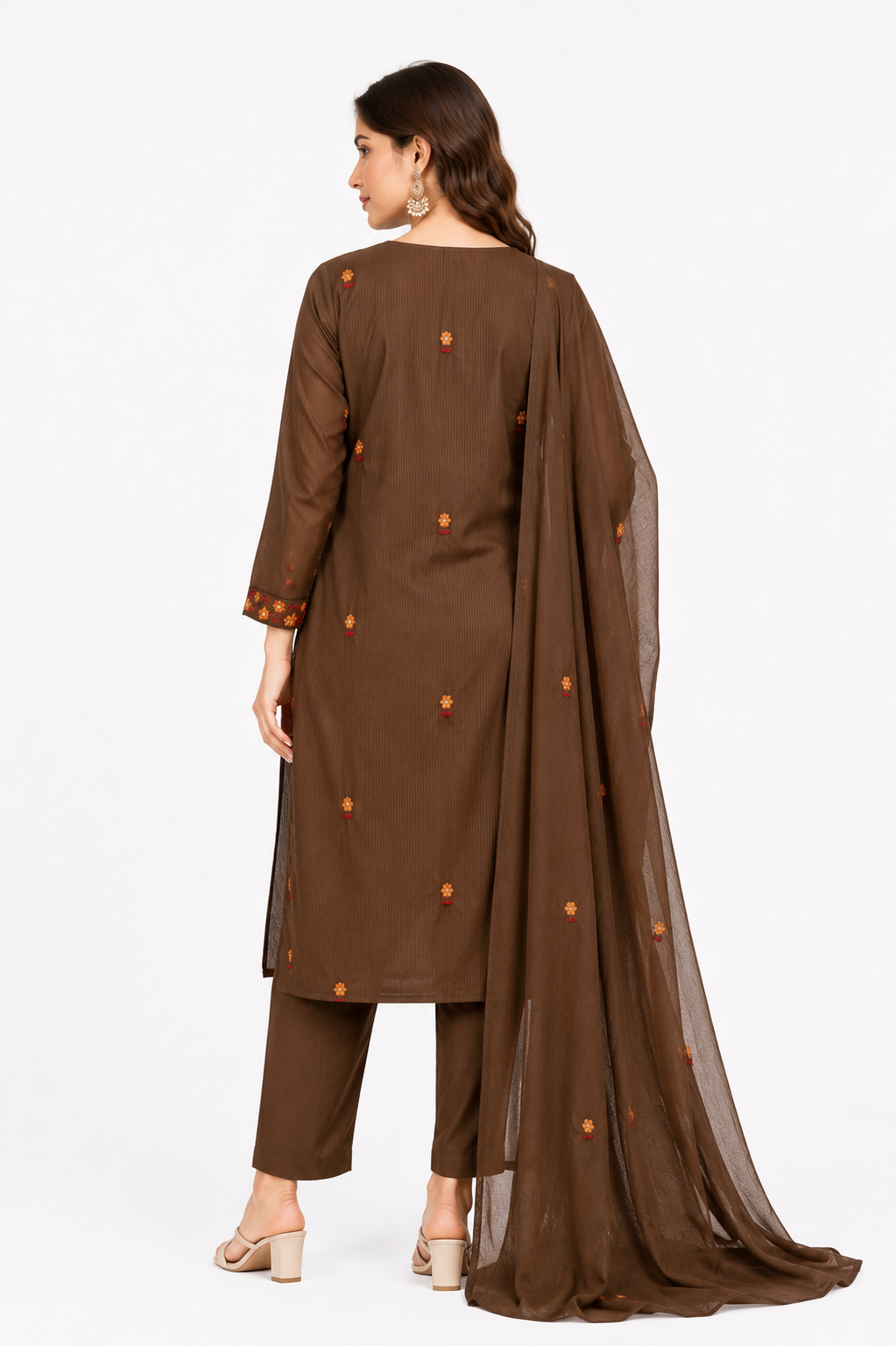 Women's Brown Embroidered Cotton Kurta Set with Dupatta