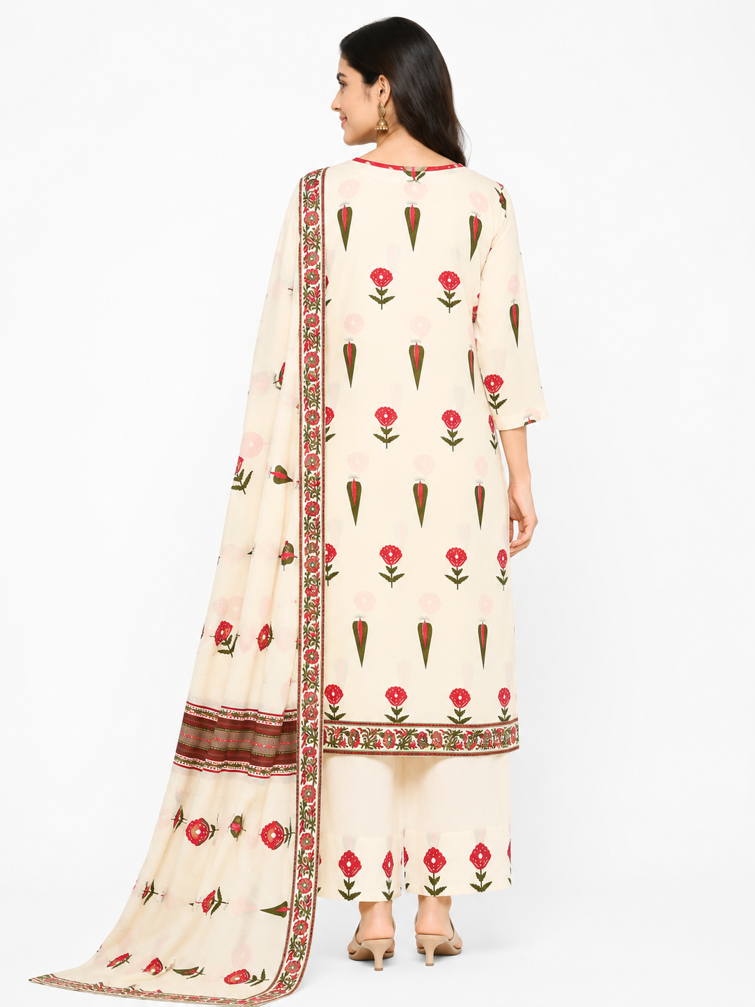 Women's Cream Floral Printed Straight Kurta Pant & Dupatta Set