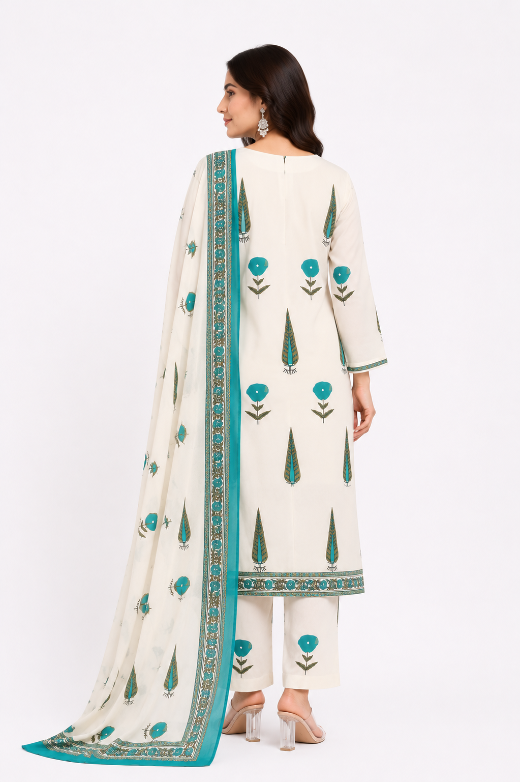 Ivory Cream & Turquoise Blue Floral Printed Cotton Kurta Pant Dupatta Set