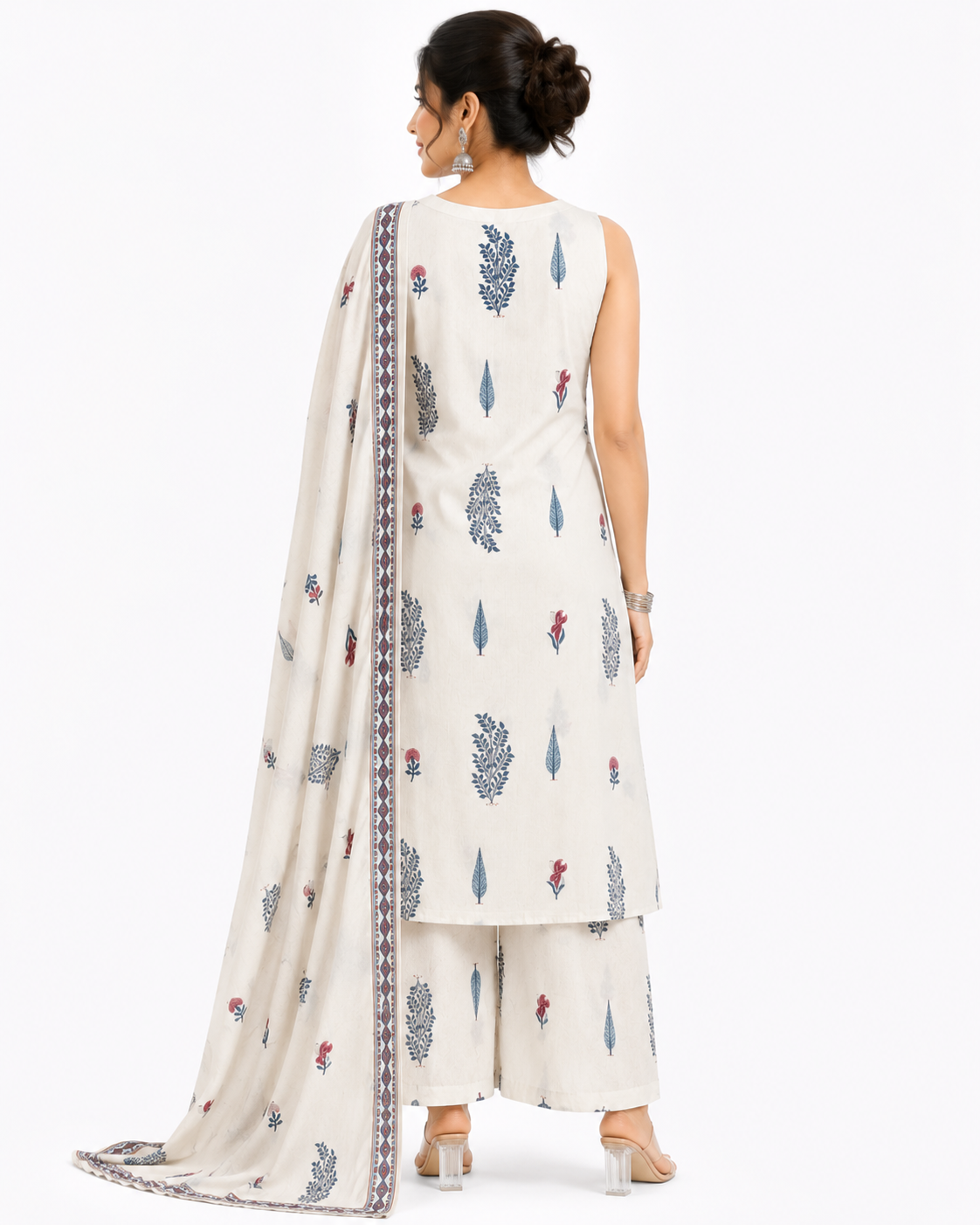 Women's Off White Floral Printed Cotton Kurta Pant Dupatta Set