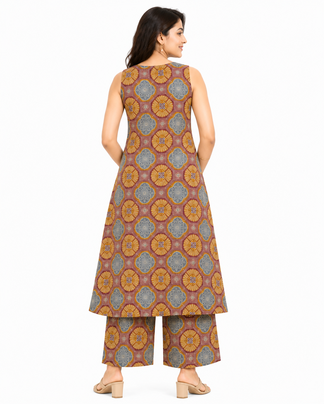 Women's Sleeveless Geometric Print A-Line Kurta Palazzo Set