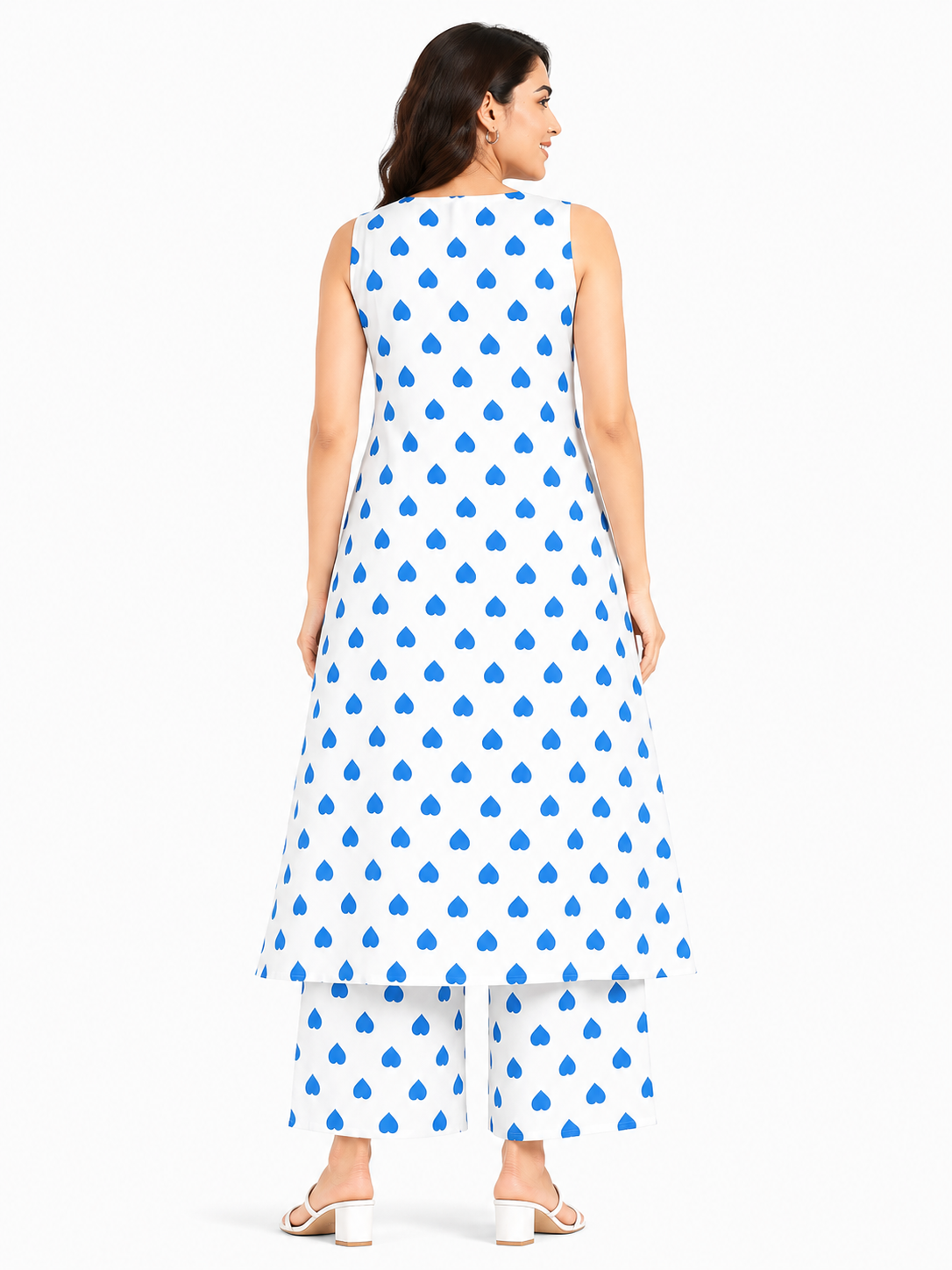 Women's White & Blue Heart Print Sleeveless A-Line Kurta Palazzo Set