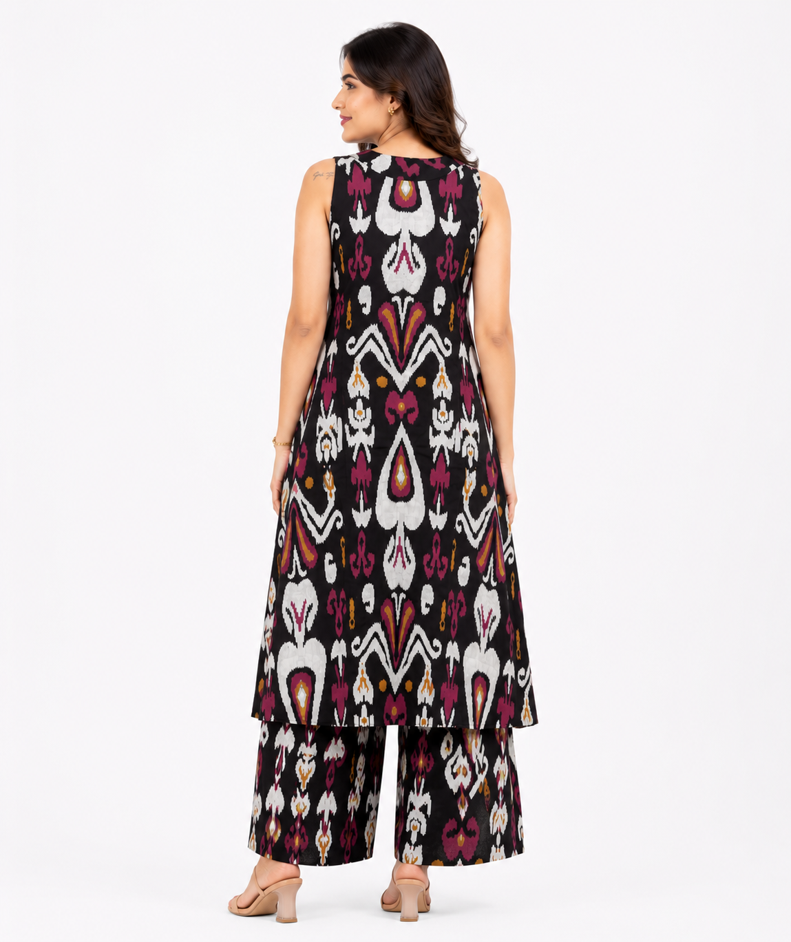 Women's Black Sleeveless Printed A-Line Kurta Palazzo Set