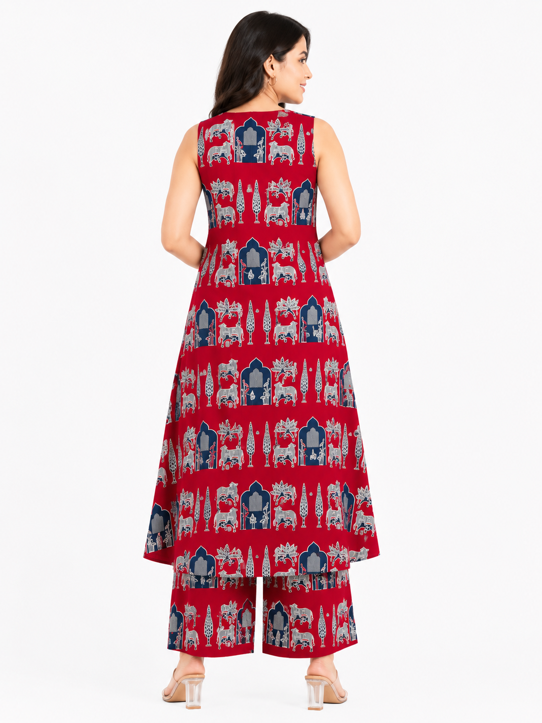 Women's Sleeveless Red Printed A-Line Kurta with Palazzo Set