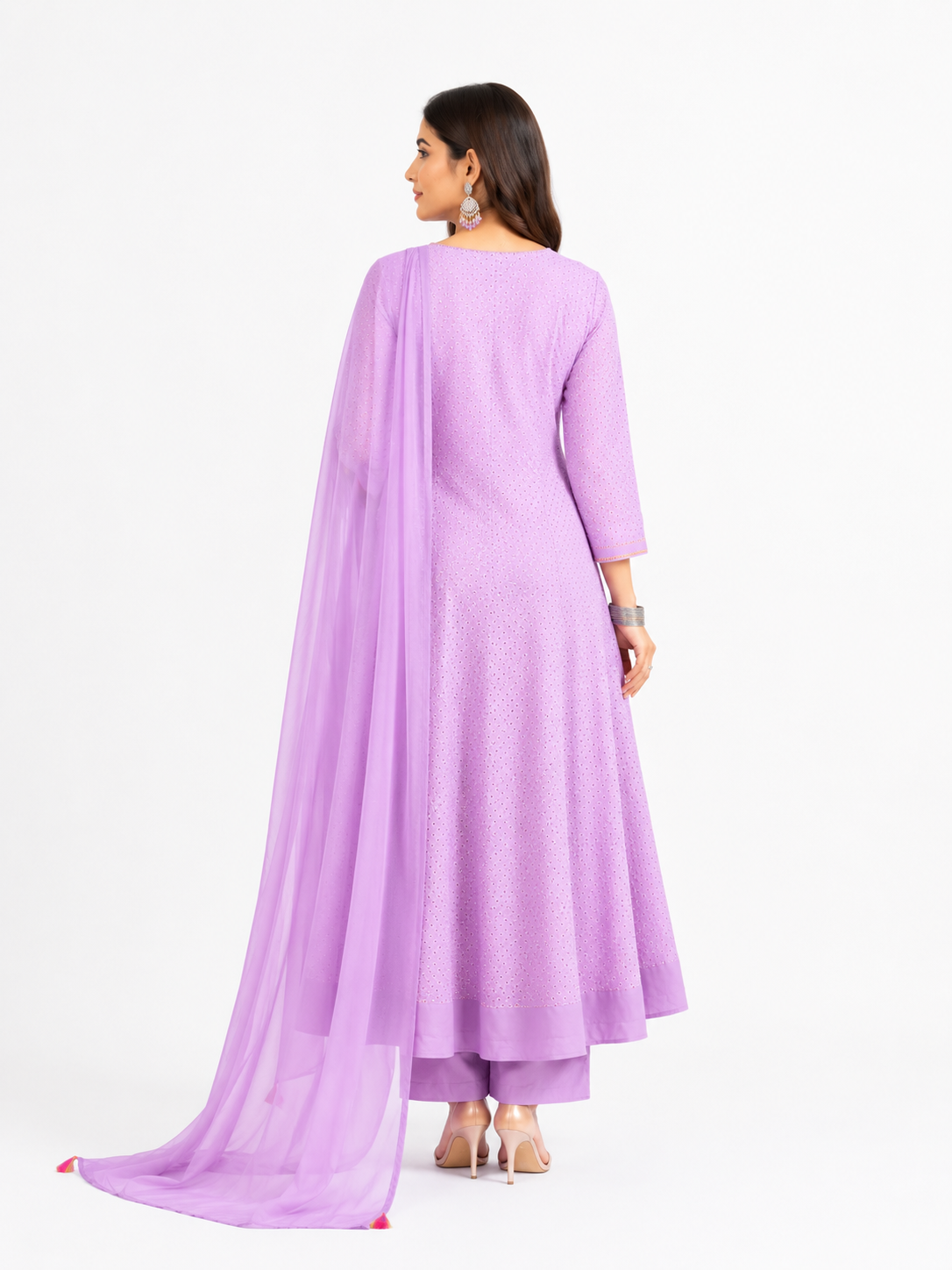 Lavender Embroidered Cotton Anarkali Kurta Set with Dupatta