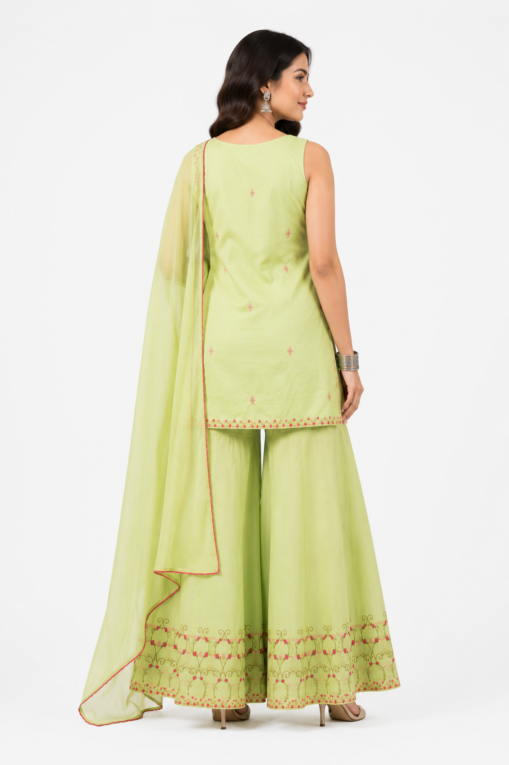 Lime Green Embroidered Cotton Kurta Set with Sharara & Dupatta