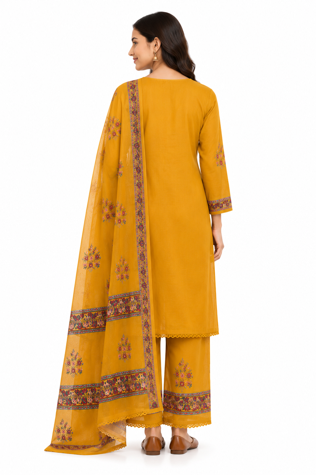 Mustard Floral Printed Cotton Kurta Set with Dupatta