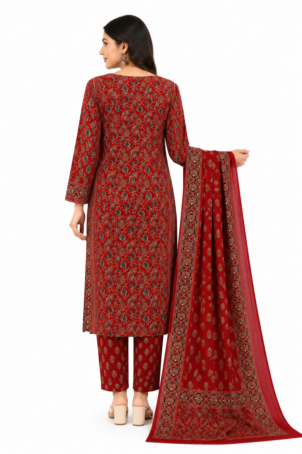 Women's Maroon Ajrakh Print Cotton Kurta Pant Dupatta Set
