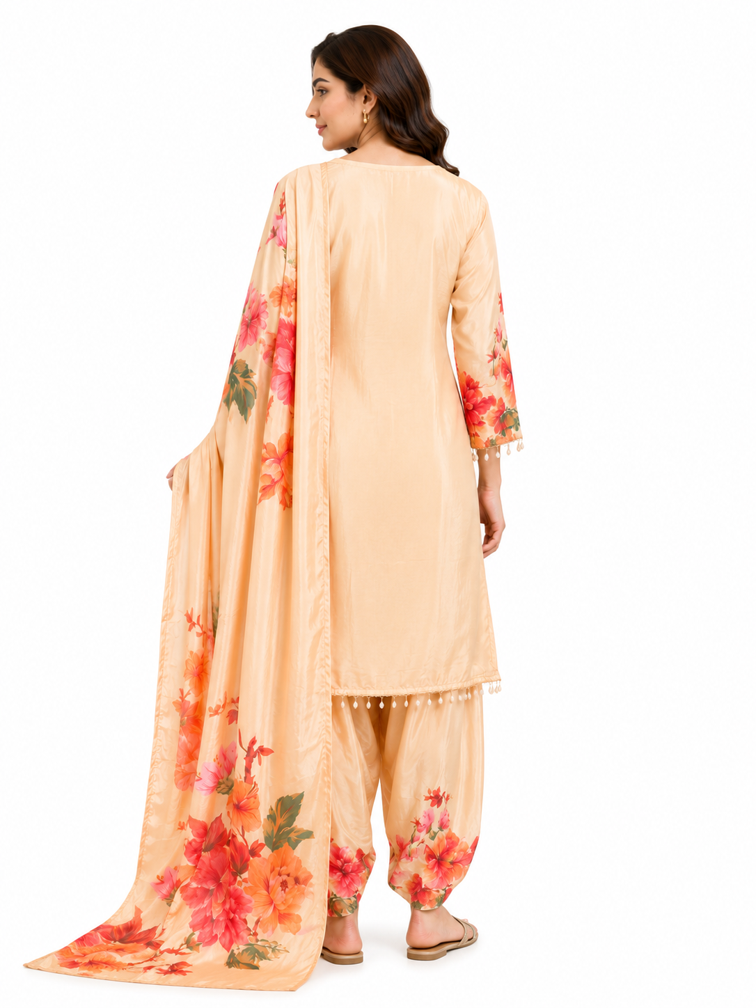 Peach Floral Printed Satin Kurta Set with Dupatta
