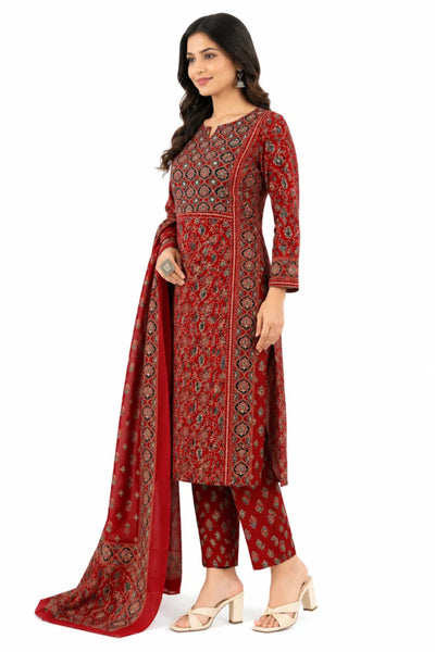 Women's Maroon Ajrakh Print Cotton Kurta Pant Dupatta Set