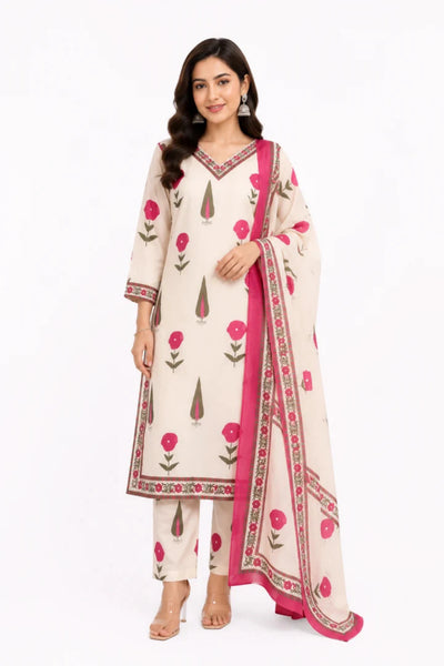 Women's Cream Floral Printed Cotton Suit Set with Dupatta