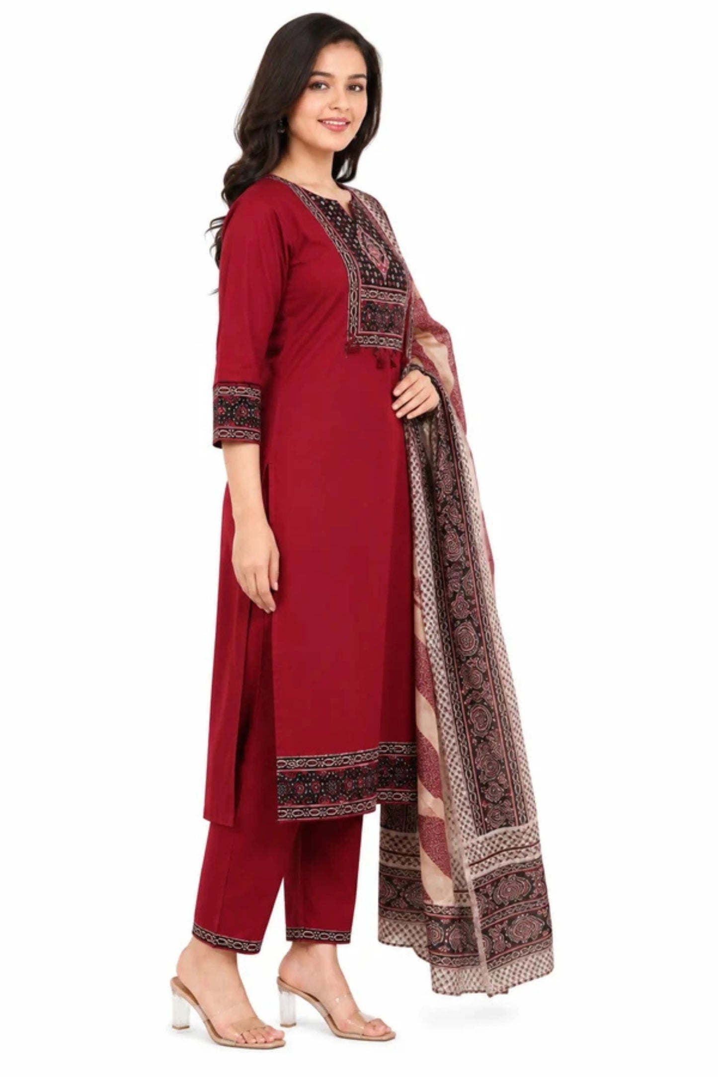 Maroon Printed Cotton Kurta Set with Printed Dupatta for Women