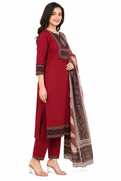 Maroon Printed Cotton Kurta Set with Printed Dupatta for Women