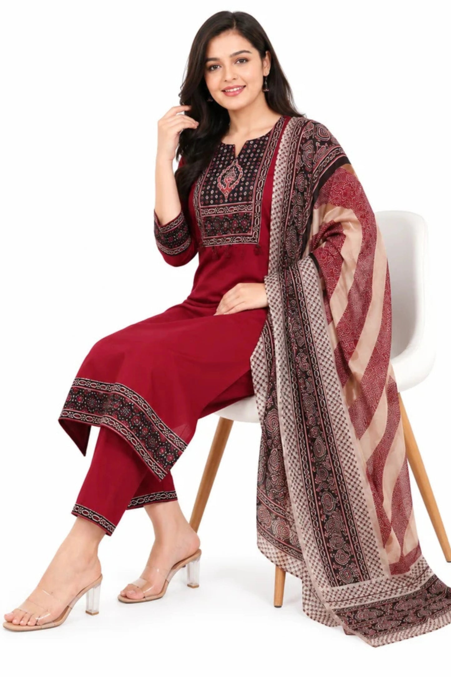 Maroon Printed Cotton Kurta Set with Printed Dupatta for Women