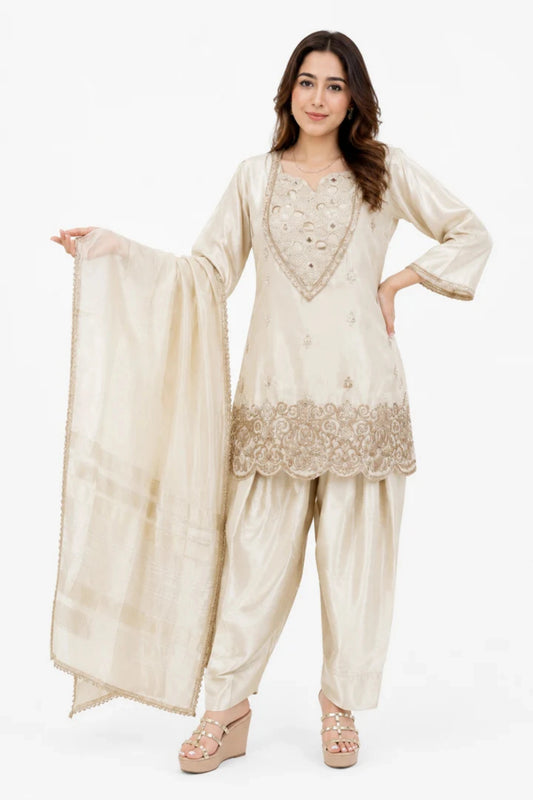 Ivory Embroidered Silk Blend Suit Set with Dupatta for Women | Festive & Wedding Wear