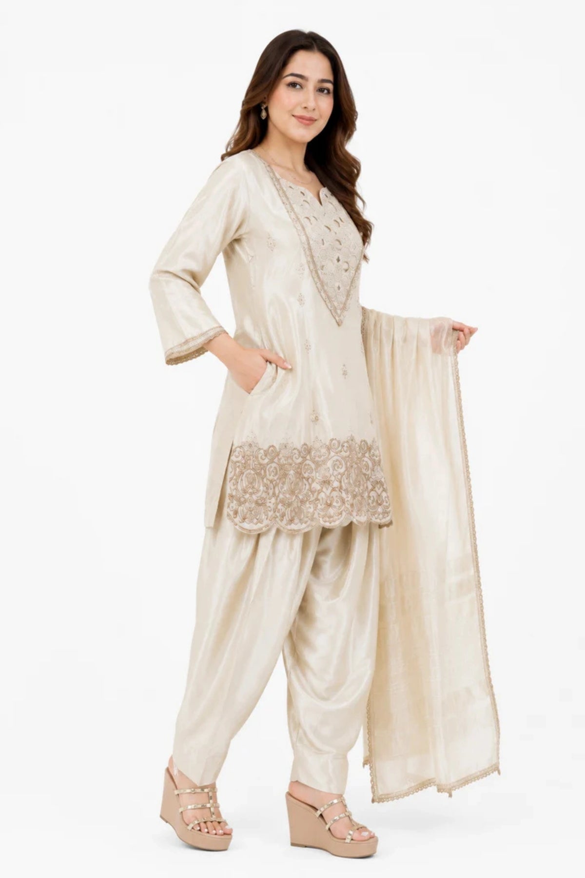 Ivory Embroidered Silk Blend Suit Set with Dupatta for Women | Festive & Wedding Wear