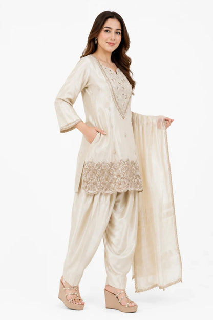 Ivory Embroidered Silk Blend Suit Set with Dupatta for Women | Festive & Wedding Wear