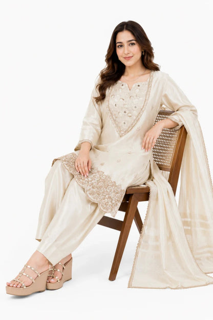 Ivory Embroidered Silk Blend Suit Set with Dupatta for Women | Festive & Wedding Wear