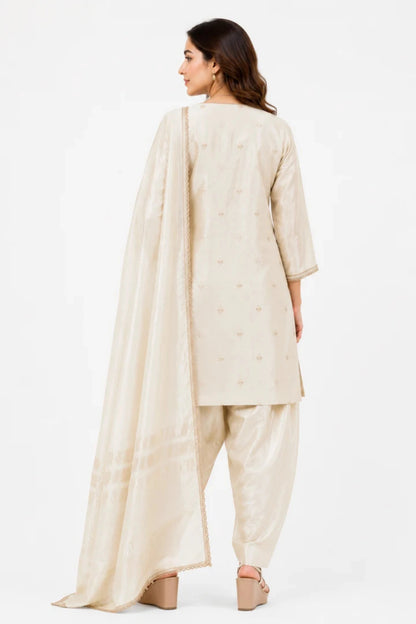 Ivory Embroidered Silk Blend Suit Set with Dupatta for Women | Festive & Wedding Wear
