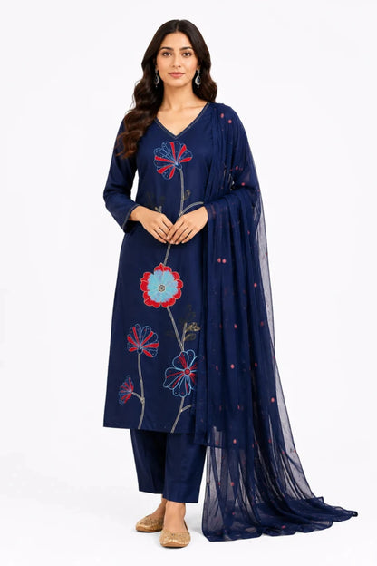Women's Navy Blue Floral Print Cotton Kurta Pant & Dupatta Set