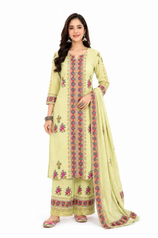 Olive Green Cotton Embroidered Kurta Set for Women