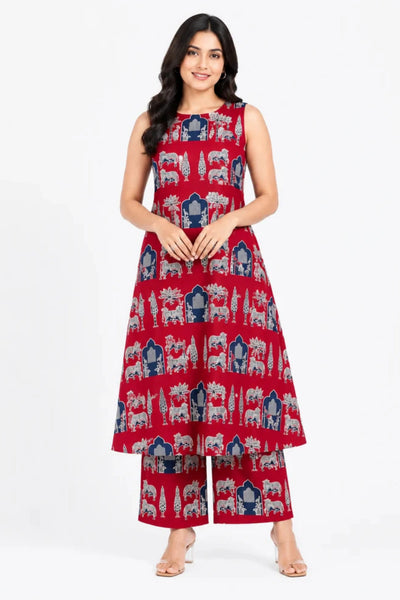 Women's Sleeveless Red Printed A-Line Kurta with Palazzo Set