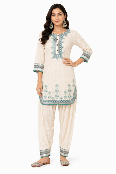 Ivory White Teal Embroidered Cotton Co-Ord Set for Women | Premium Cotton Kurta with Patiala