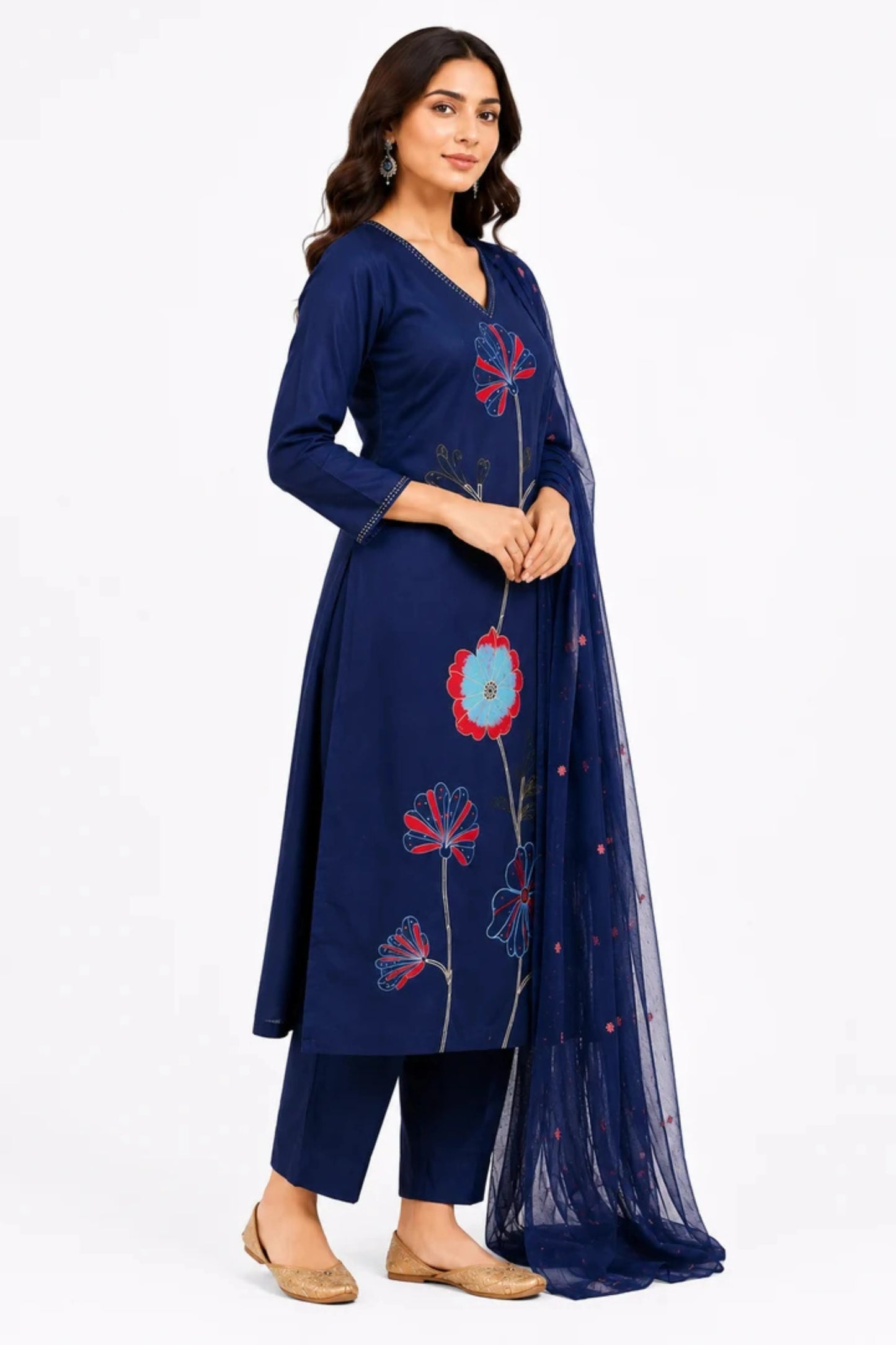 Women's Navy Blue Floral Print Cotton Kurta Pant & Dupatta Set