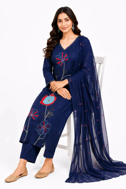 Women's Navy Blue Floral Print Cotton Kurta Pant & Dupatta Set