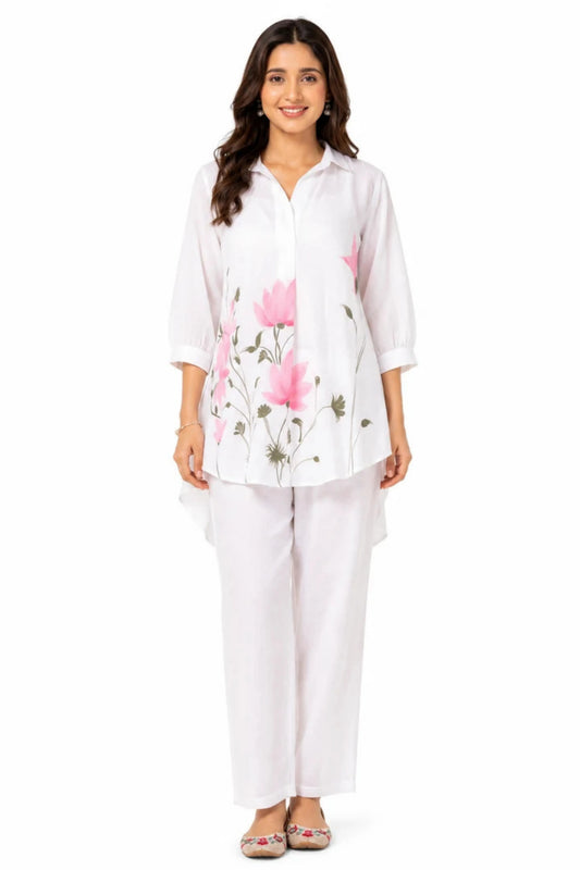 Women's White Floral Print Cotton Slub Co-Ord Set