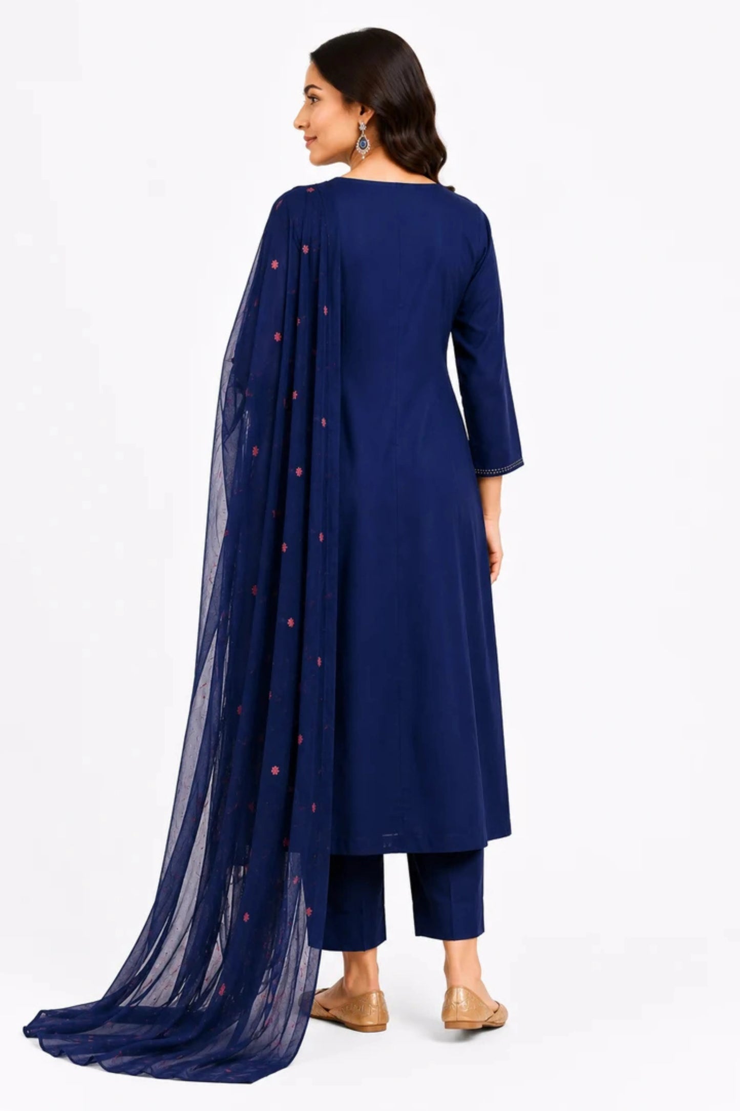 Women's Navy Blue Floral Print Cotton Kurta Pant & Dupatta Set
