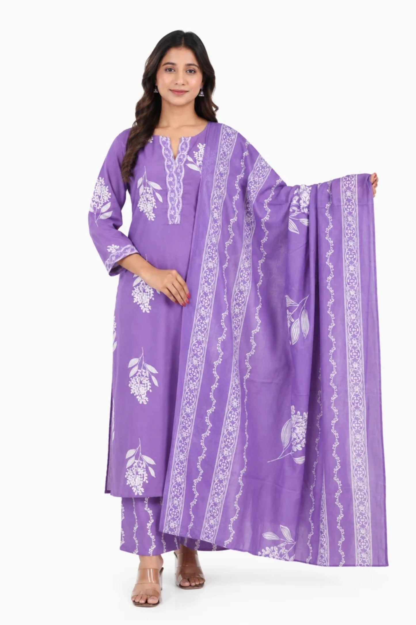Lavender Floral Printed Cotton Kurta Palazzo Set with Dupatta