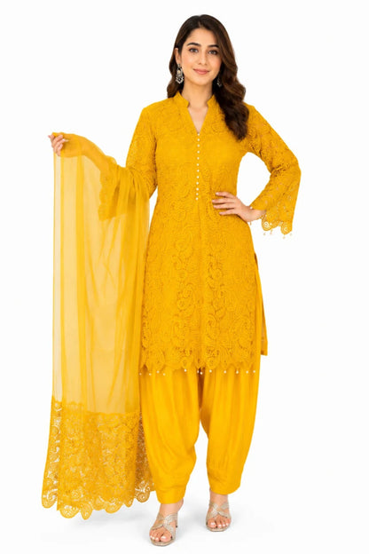 Women's Mustard Yellow Lace Kurta Set with Dupatta